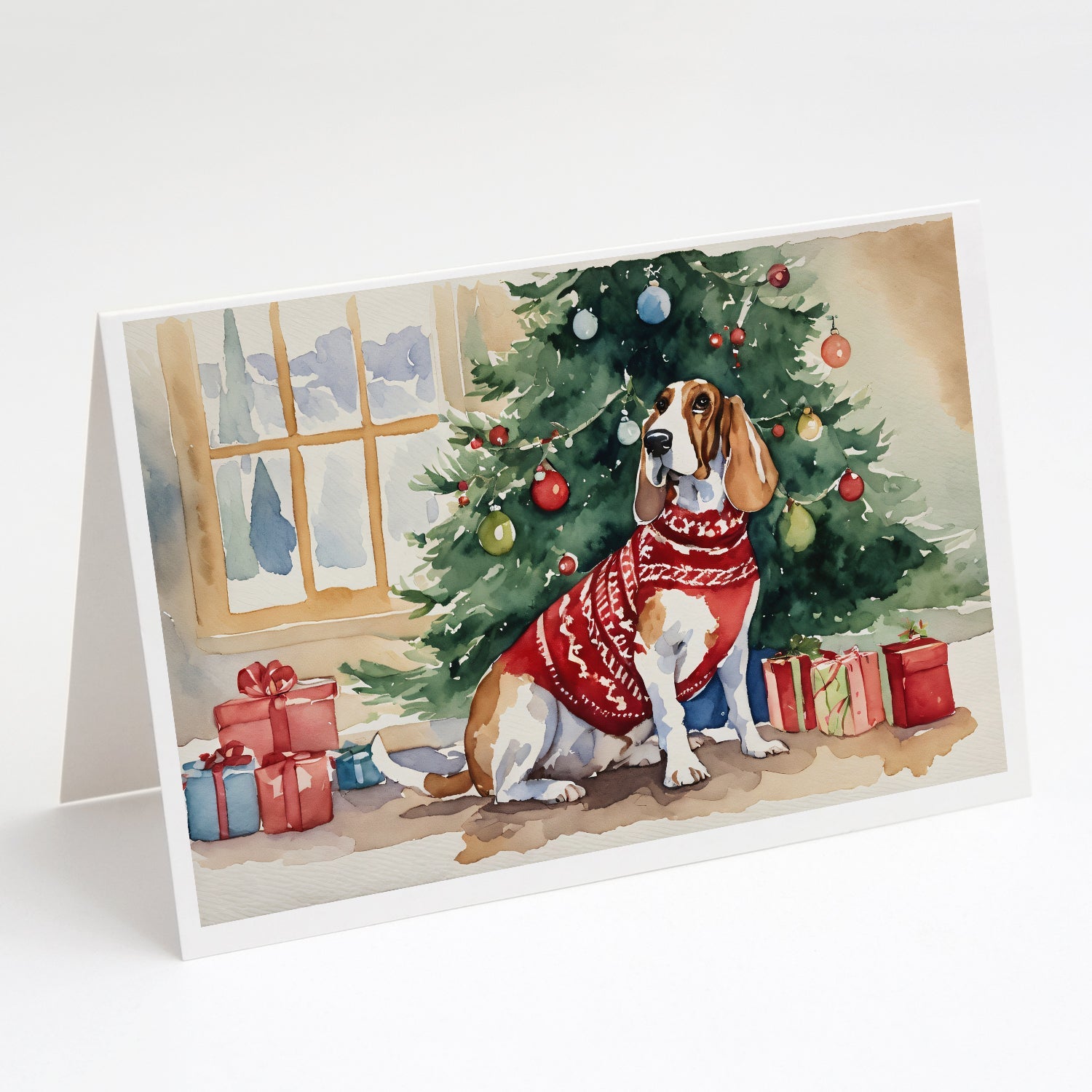 Basset Hound Christmas Greeting Cards Pack of 8 Blank Cards with Envelopes Whimsical A7 Size 5x7