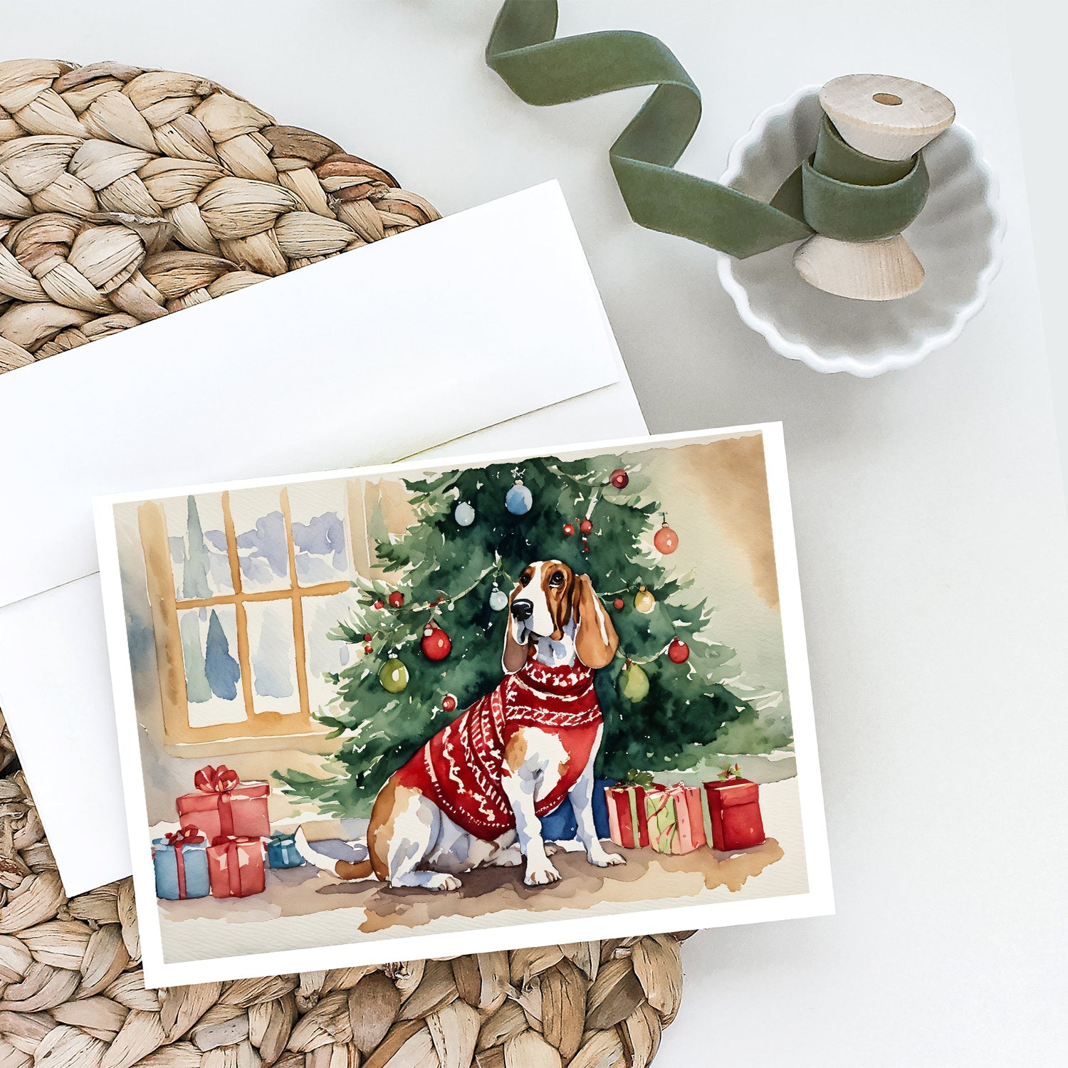 Basset Hound Christmas Greeting Cards Pack of 8 Blank Cards with Envelopes Whimsical A7 Size 5x7
