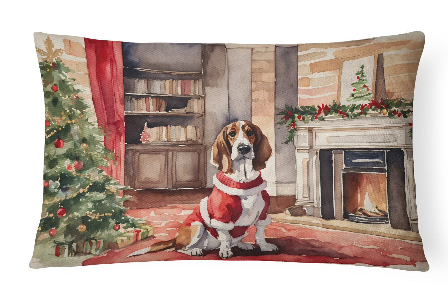 Basset Hound Christmas Decorative Throw Pillow 12x16 Indoor Outdoor Accent Cushion, Fabric Cover with Insert for Sofa, Bed, Porch & Living Room