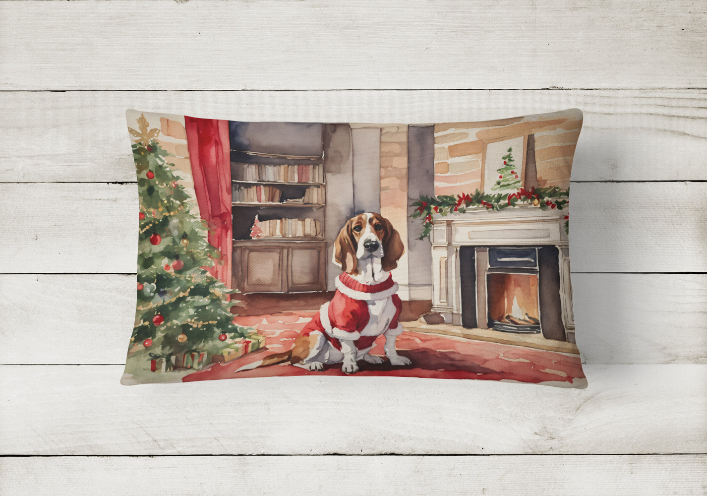 Basset Hound Christmas Decorative Throw Pillow 12x16 Indoor Outdoor Accent Cushion, Fabric Cover with Insert for Sofa, Bed, Porch & Living Room