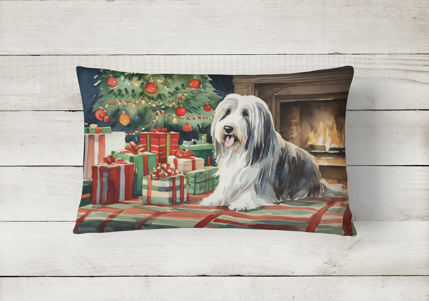 Bearded Collie Christmas Decorative Throw Pillow 12x16 Indoor Outdoor Accent Cushion, Fabric Cover with Insert for Sofa, Bed, Porch & Living Room