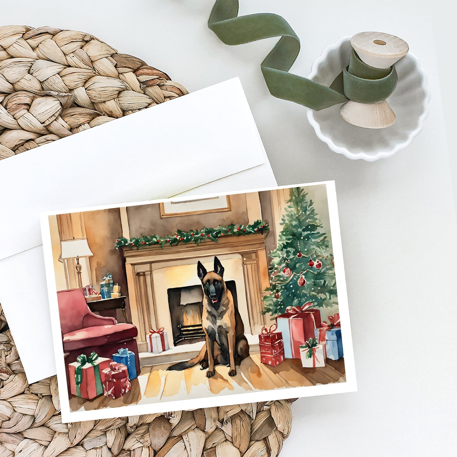 Belgian Malinois Christmas Greeting Cards Pack of 8 Blank Cards with Envelopes Whimsical A7 Size 5x7