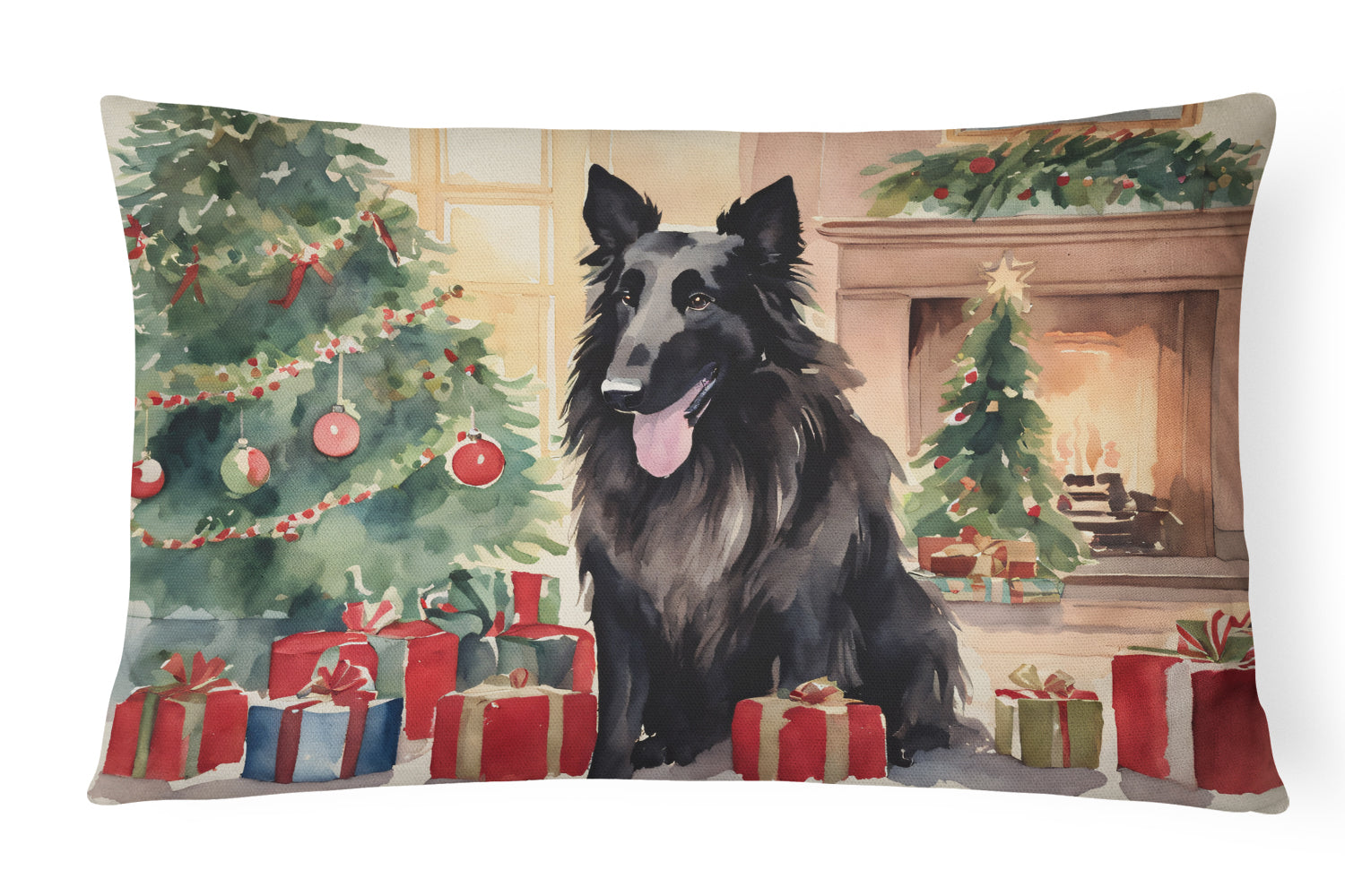 Belgian Sheepdog Christmas Decorative Throw Pillow 12x16 Indoor Outdoor Accent Cushion, Fabric Cover with Insert for Sofa, Bed, Porch & Living Room