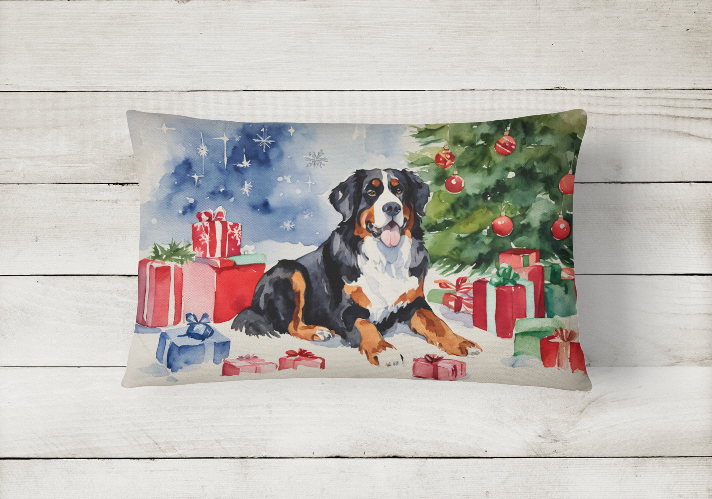 Bernese Mountain Dog Christmas Decorative Throw Pillow 12x16 Indoor Outdoor Accent Cushion, Fabric Cover with Insert for Sofa, Bed, Porch & Living Room