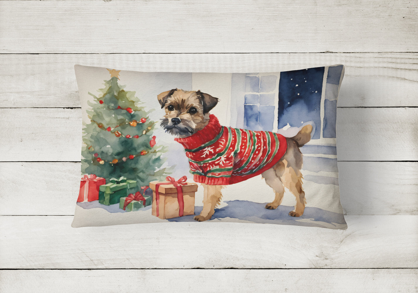Border Terrier Christmas Decorative Throw Pillow 12x16 Indoor Outdoor Accent Cushion, Fabric Cover with Insert for Sofa, Bed, Porch & Living Room
