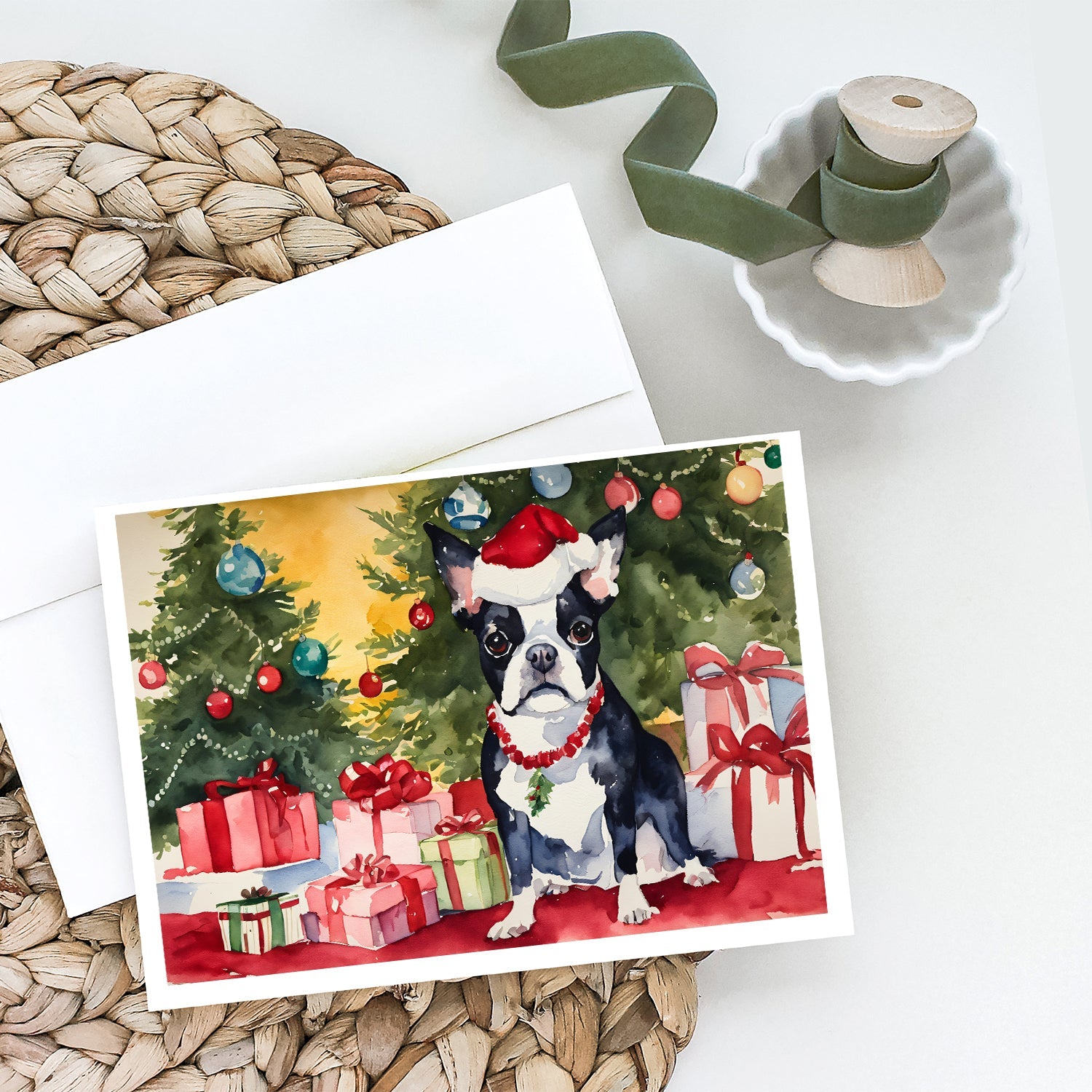 Boston Terrier Christmas Greeting Cards Pack of 8 Blank Cards with Envelopes Whimsical A7 Size 5x7