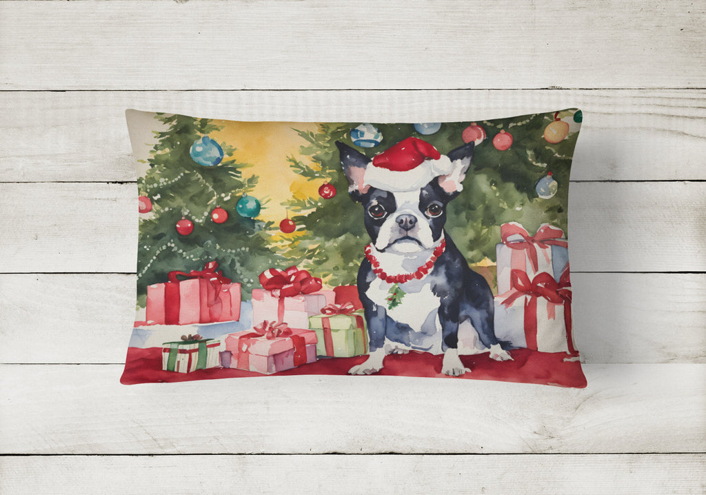 Boston Terrier Christmas Decorative Throw Pillow 12x16 Indoor Outdoor Accent Cushion, Fabric Cover with Insert for Sofa, Bed, Porch & Living Room