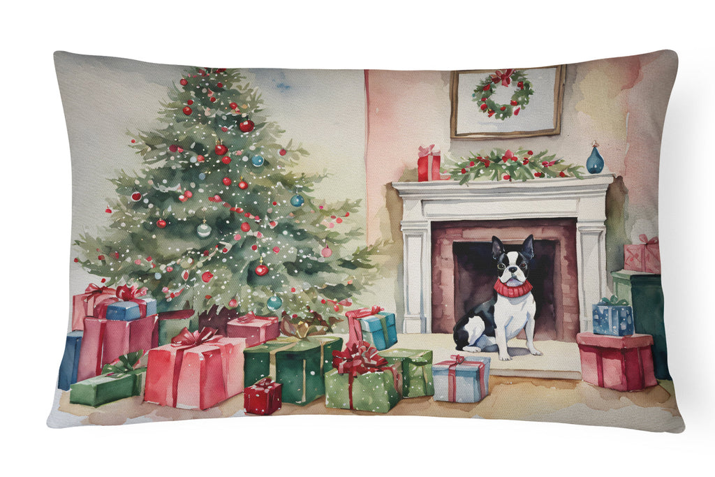 Boston Terrier Christmas Decorative Throw Pillow 12x16 Indoor Outdoor Accent Cushion, Fabric Cover with Insert for Sofa, Bed, Porch & Living Room