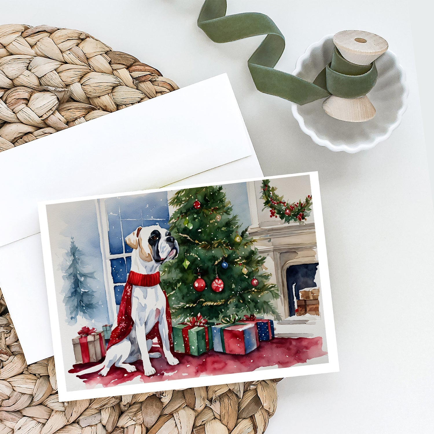 White Boxer Christmas Greeting Cards Pack of 8 Blank Cards with Envelopes Whimsical A7 Size 5x7