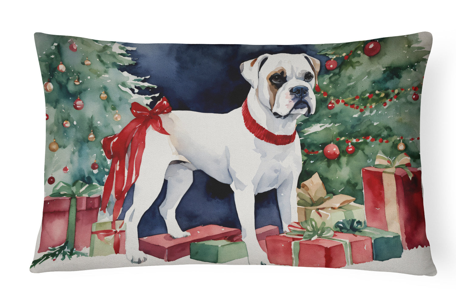 White Boxer Christmas Decorative Throw Pillow 12x16 Indoor Outdoor Accent Cushion, Fabric Cover with Insert for Sofa, Bed, Porch & Living Room