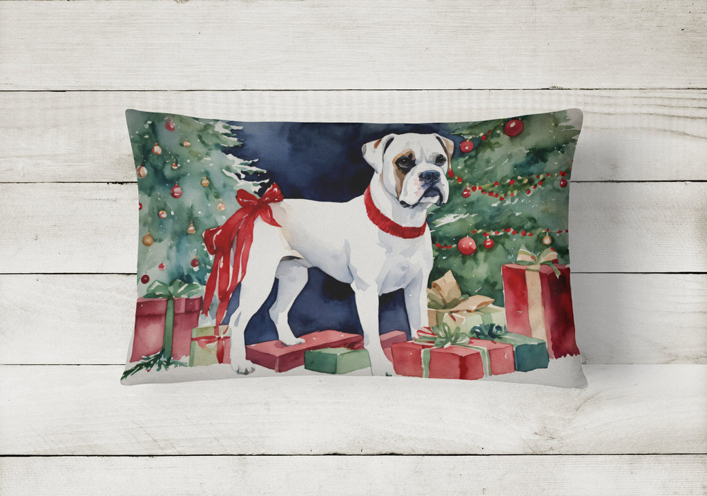 White Boxer Christmas Decorative Throw Pillow 12x16 Indoor Outdoor Accent Cushion, Fabric Cover with Insert for Sofa, Bed, Porch & Living Room