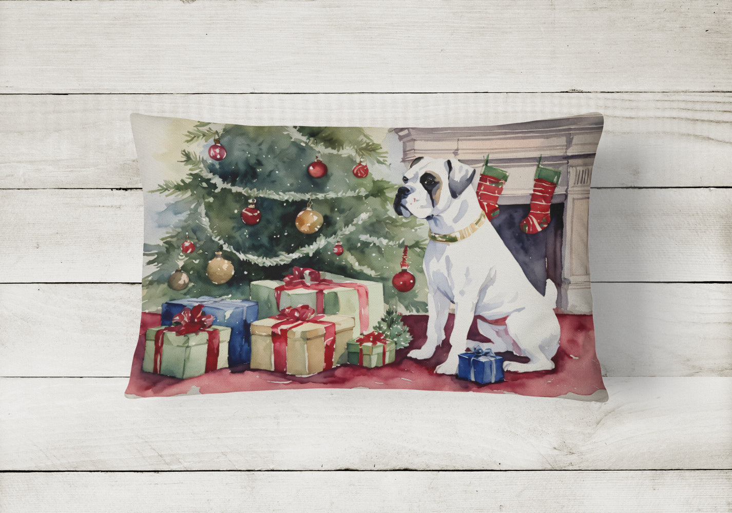 White Boxer Christmas Decorative Throw Pillow 12x16 Indoor Outdoor Accent Cushion, Fabric Cover with Insert for Sofa, Bed, Porch & Living Room