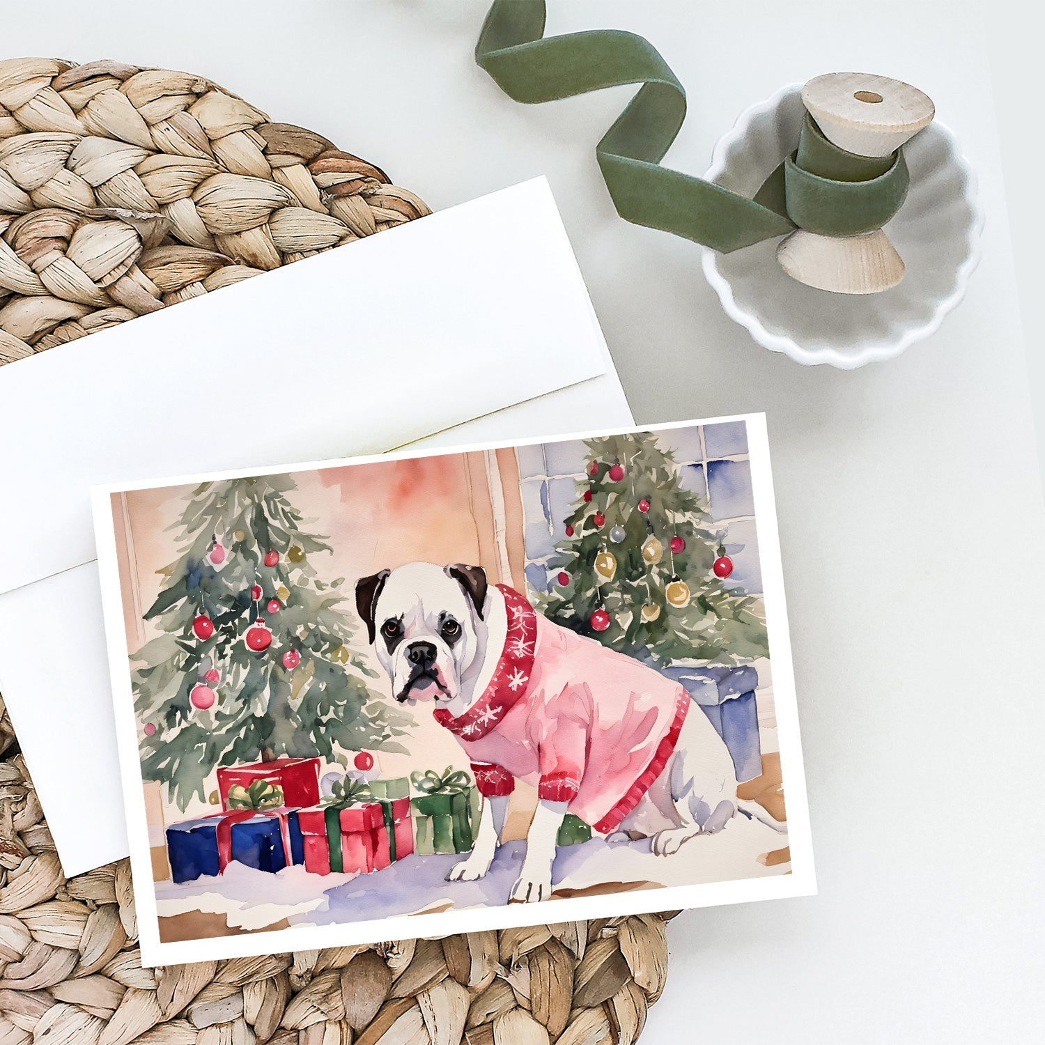 White Boxer Christmas Greeting Cards Pack of 8 Blank Cards with Envelopes Whimsical A7 Size 5x7