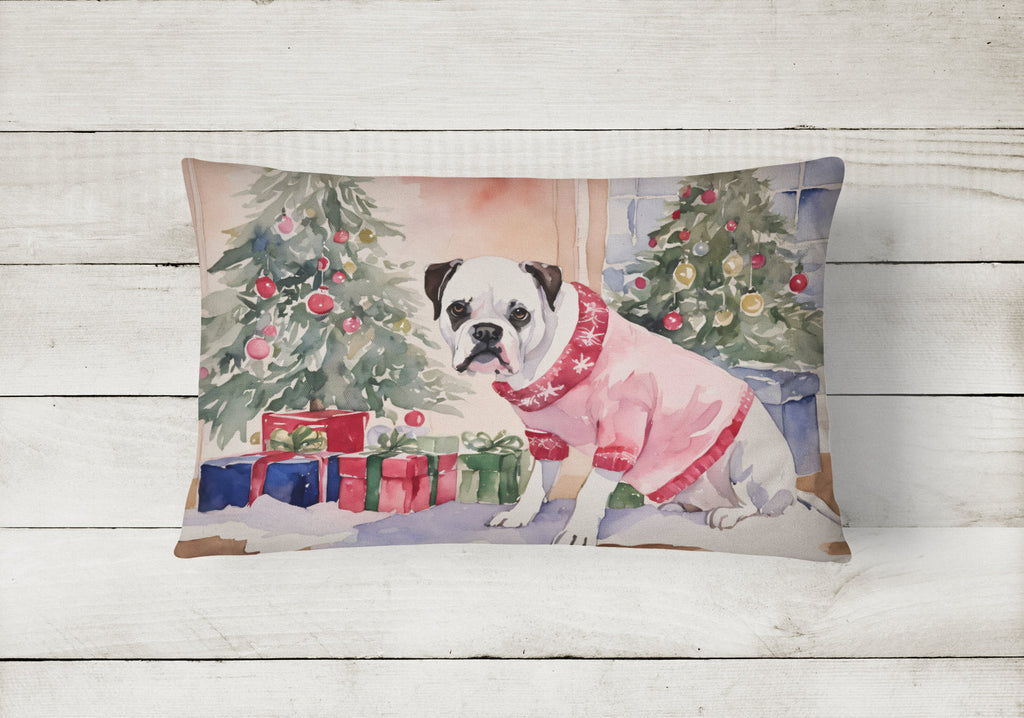 White Boxer Christmas Decorative Throw Pillow 12x16 Indoor Outdoor Accent Cushion, Fabric Cover with Insert for Sofa, Bed, Porch & Living Room