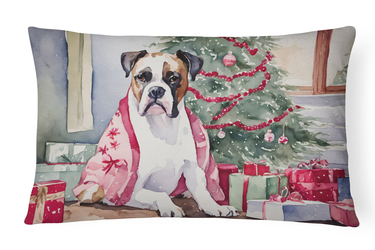 White Boxer Christmas Decorative Throw Pillow 12x16 Indoor Outdoor Accent Cushion, Fabric Cover with Insert for Sofa, Bed, Porch & Living Room