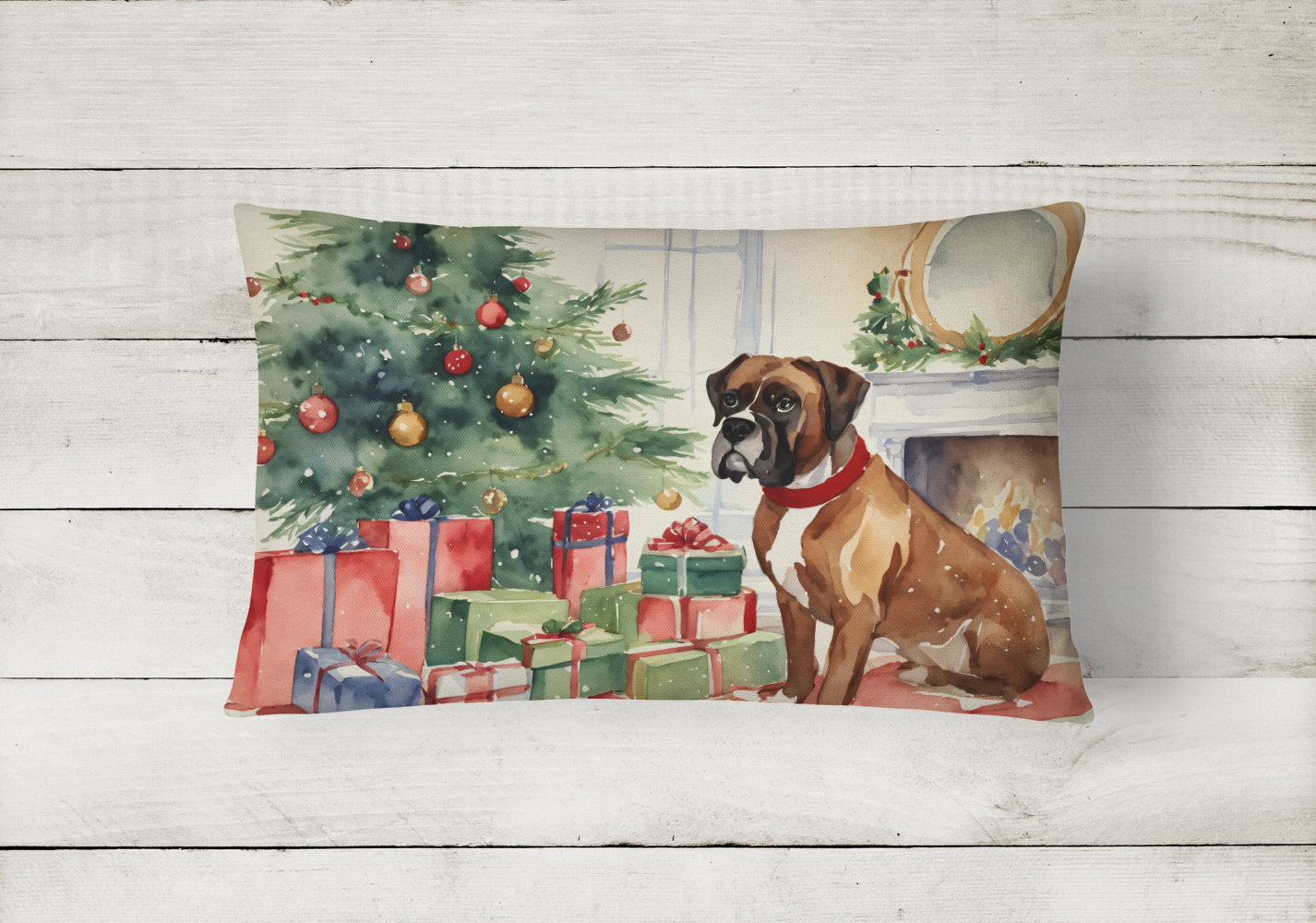 Fawn Boxer Christmas Decorative Throw Pillow 12x16 Indoor Outdoor Accent Cushion, Fabric Cover with Insert for Sofa, Bed, Porch & Living Room