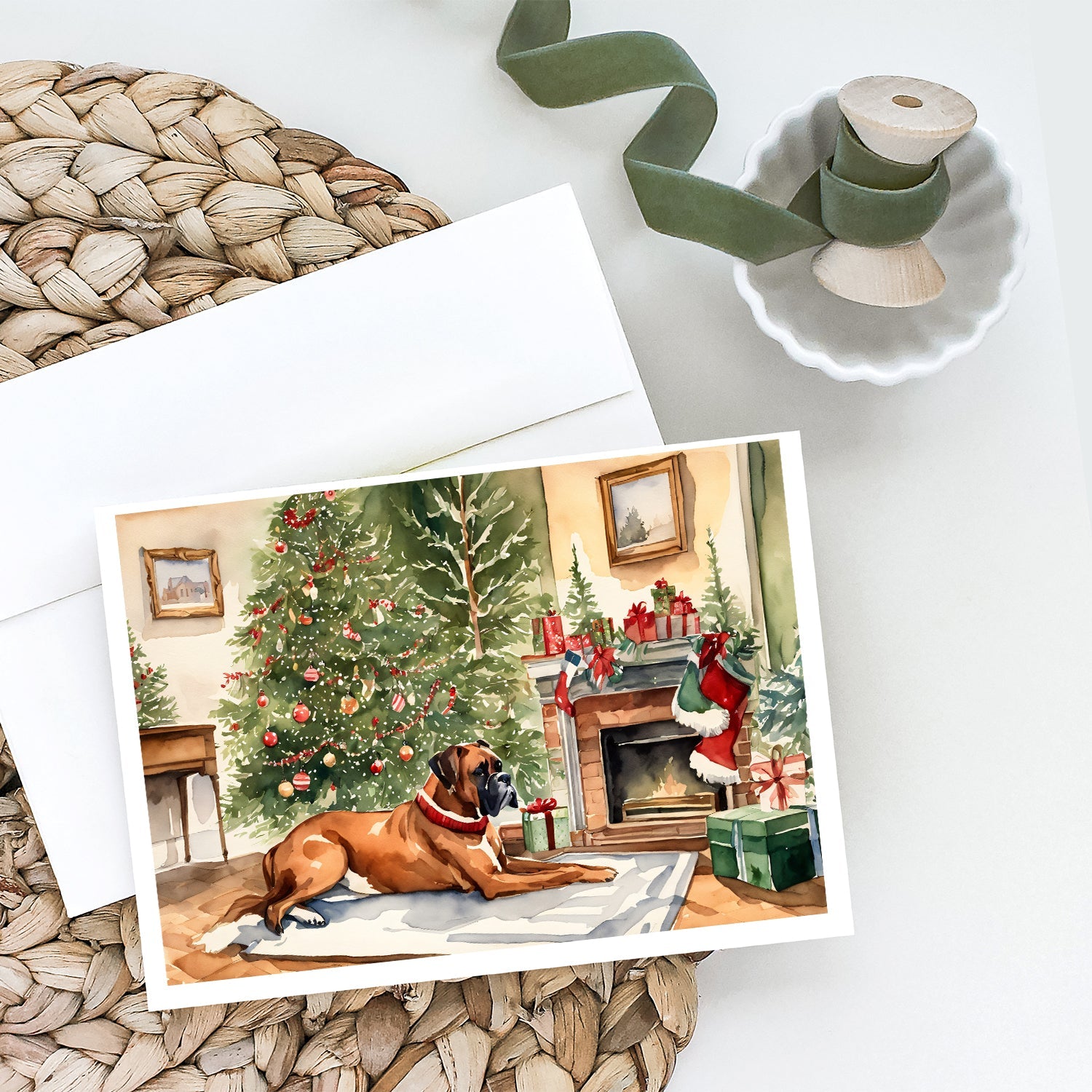 Fawn Boxer Christmas Greeting Cards Pack of 8 Blank Cards with Envelopes Whimsical A7 Size 5x7