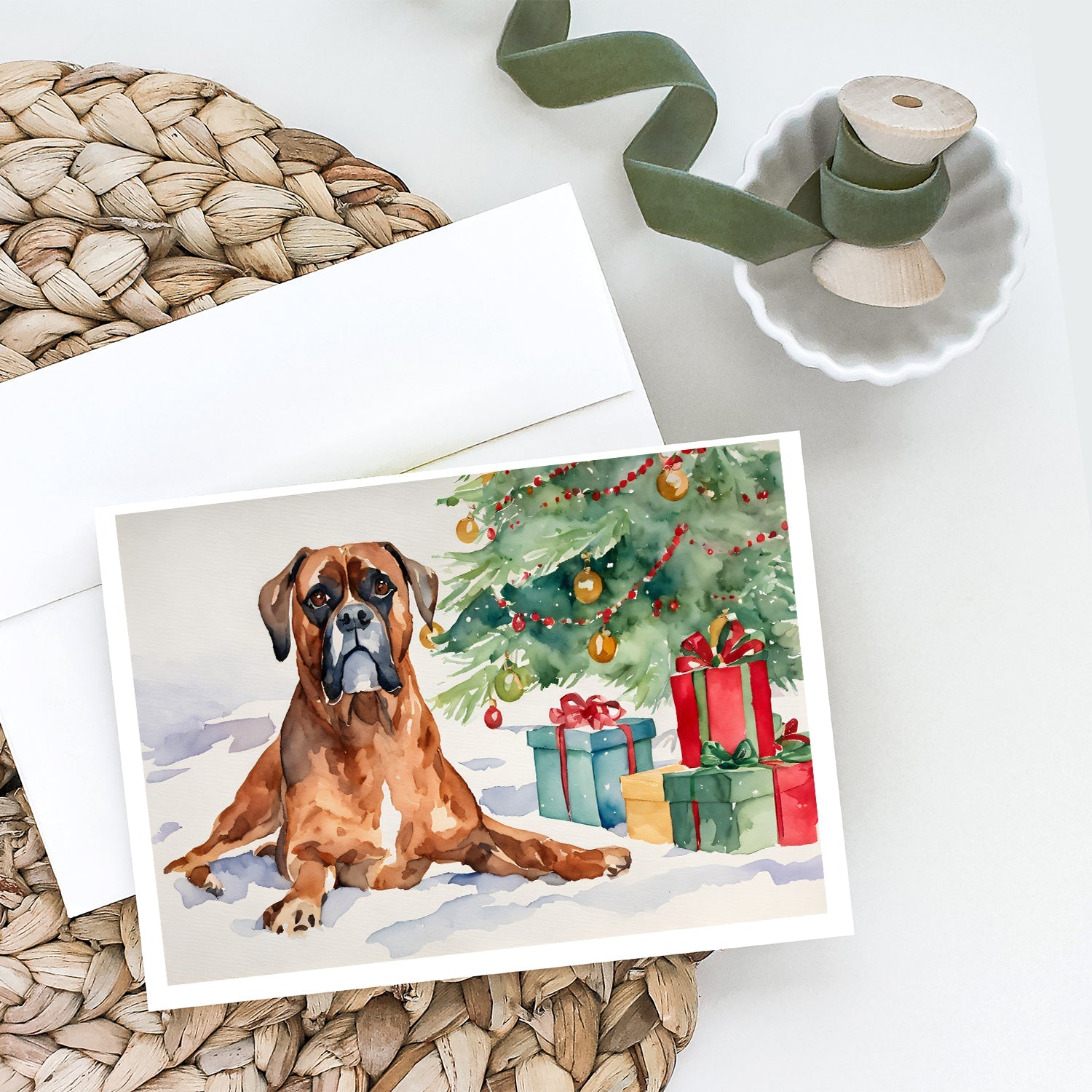 Fawn Boxer Christmas Greeting Cards Pack of 8 Blank Cards with Envelopes Whimsical A7 Size 5x7