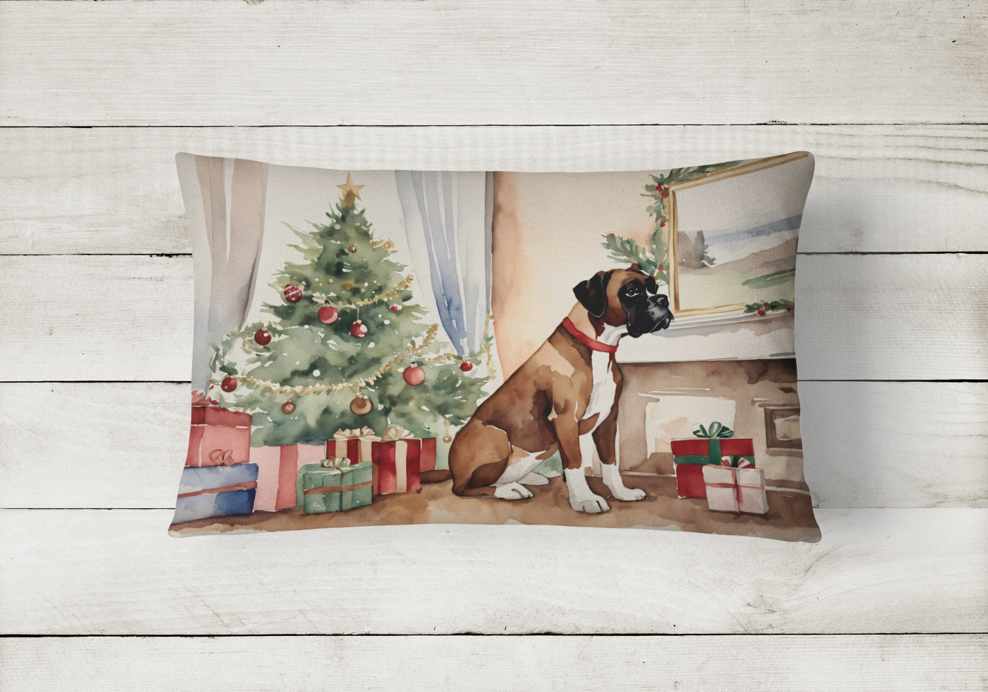 Fawn Boxer Christmas Decorative Throw Pillow 12x16 Indoor Outdoor Accent Cushion, Fabric Cover with Insert for Sofa, Bed, Porch & Living Room