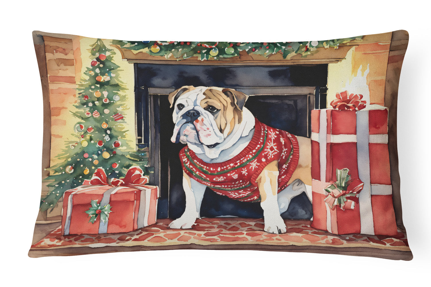 English Bulldog Christmas Decorative Throw Pillow 12x16 Indoor Outdoor Accent Cushion, Fabric Cover with Insert for Sofa, Bed, Porch & Living Room