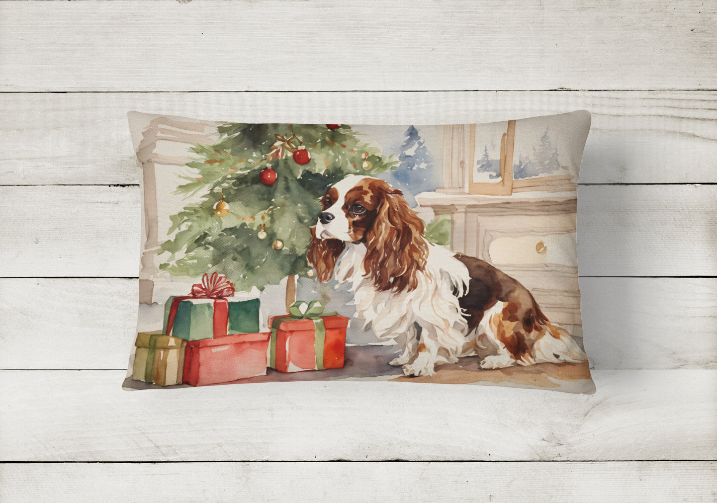 Cavalier Spaniel Christmas Decorative Throw Pillow 12x16 Indoor Outdoor Accent Cushion, Fabric Cover with Insert for Sofa, Bed, Porch & Living Room
