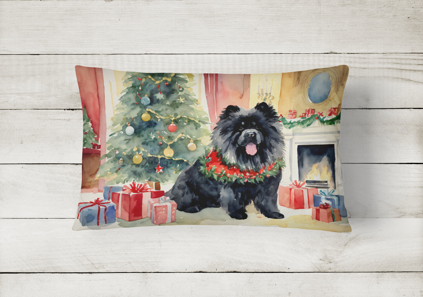 Black Chow Chow Christmas Decorative Throw Pillow 12x16 Indoor Outdoor Accent Cushion, Fabric Cover with Insert for Sofa, Bed, Porch & Living Room