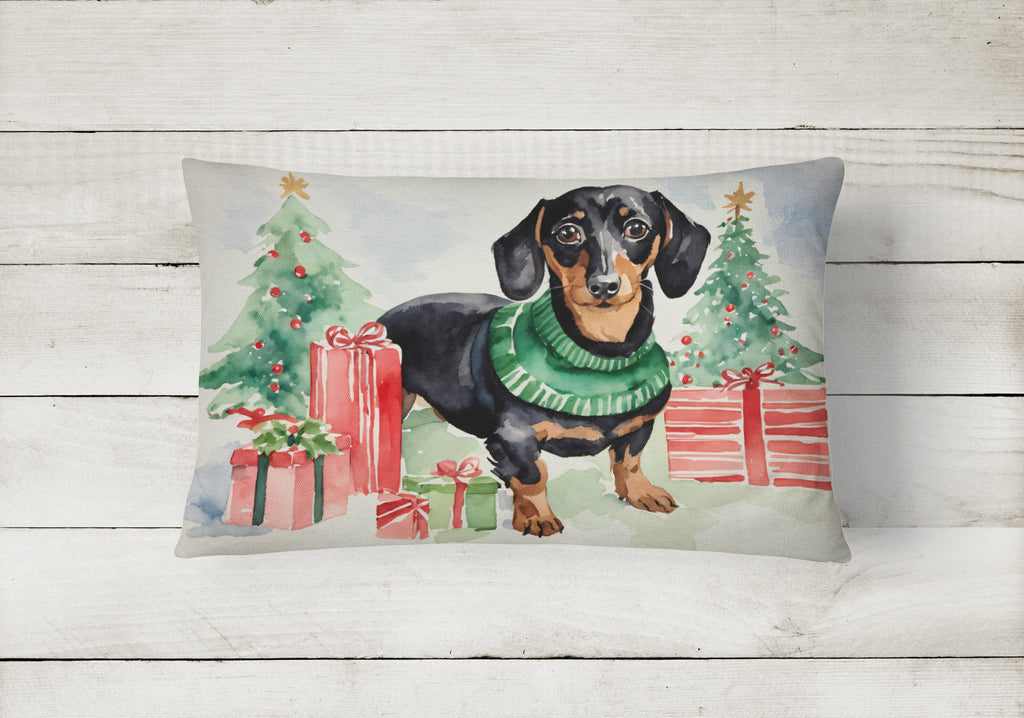 Black and Tan Dachshund Christmas Decorative Throw Pillow 12x16 Indoor Outdoor Accent Cushion, Fabric Cover with Insert for Sofa, Bed, Porch & Living Room