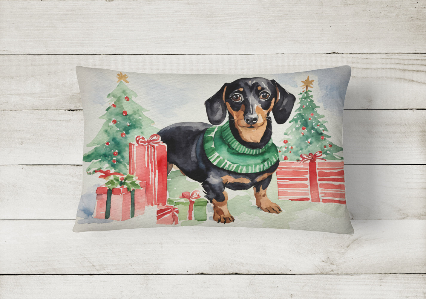 Black and Tan Dachshund Christmas Decorative Throw Pillow 12x16 Indoor Outdoor Accent Cushion, Fabric Cover with Insert for Sofa, Bed, Porch & Living Room