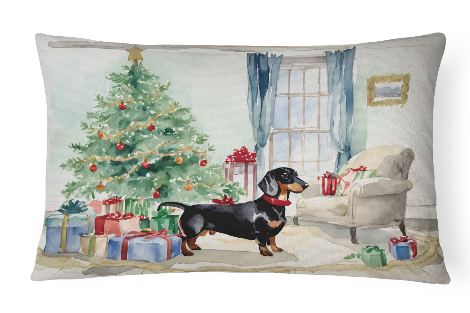 Black and Tan Dachshund Christmas Decorative Throw Pillow 12x16 Indoor Outdoor Accent Cushion, Fabric Cover with Insert for Sofa, Bed, Porch & Living Room
