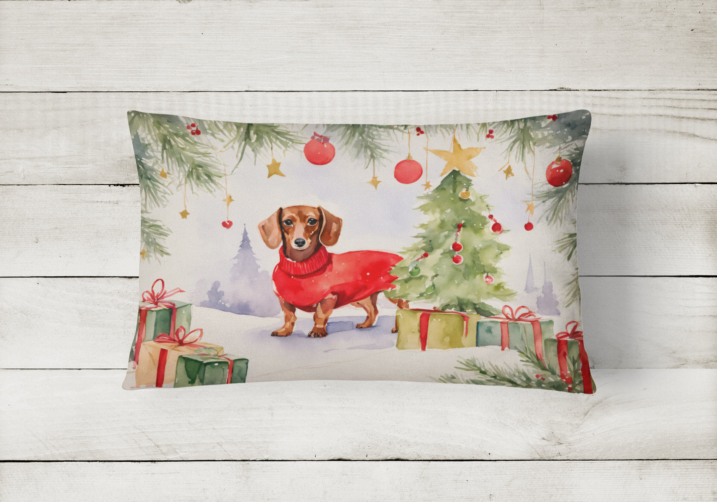 Dachshund Christmas Decorative Throw Pillow 12x16 Indoor Outdoor Accent Cushion, Fabric Cover with Insert for Sofa, Bed, Porch & Living Room