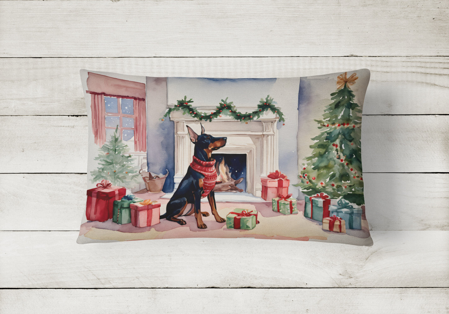 Doberman Pinscher Christmas Decorative Throw Pillow 12x16 Indoor Outdoor Accent Cushion, Fabric Cover with Insert for Sofa, Bed, Porch & Living Room