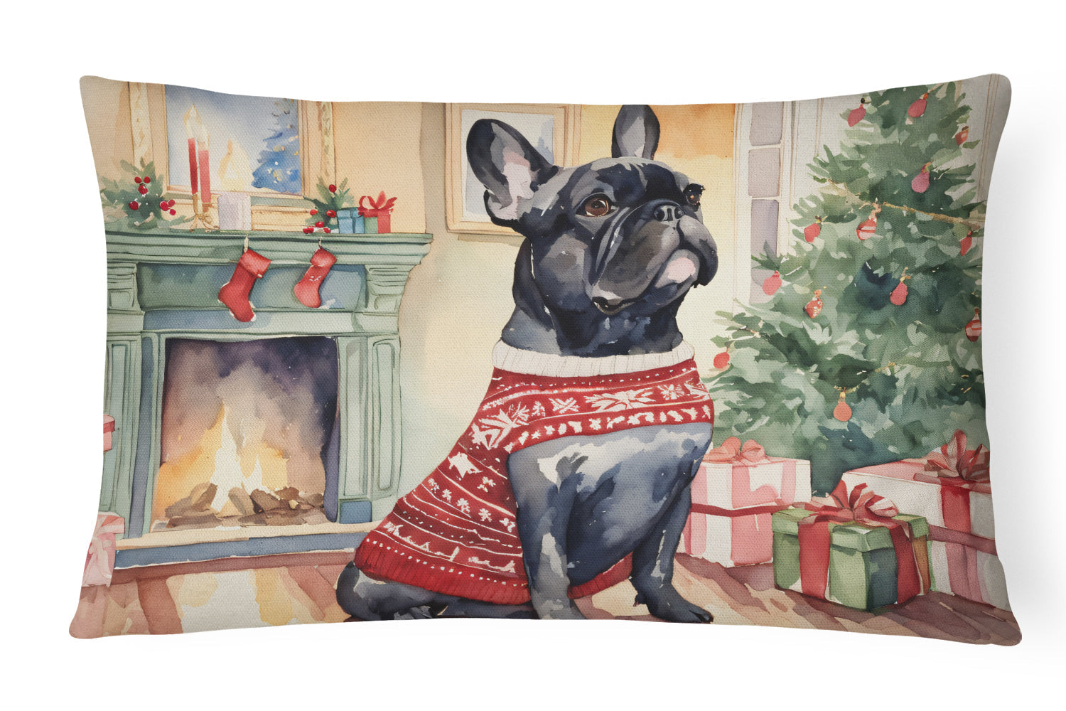 French Bulldog Christmas Decorative Throw Pillow 12x16 Indoor Outdoor Accent Cushion, Fabric Cover with Insert for Sofa, Bed, Porch & Living Room