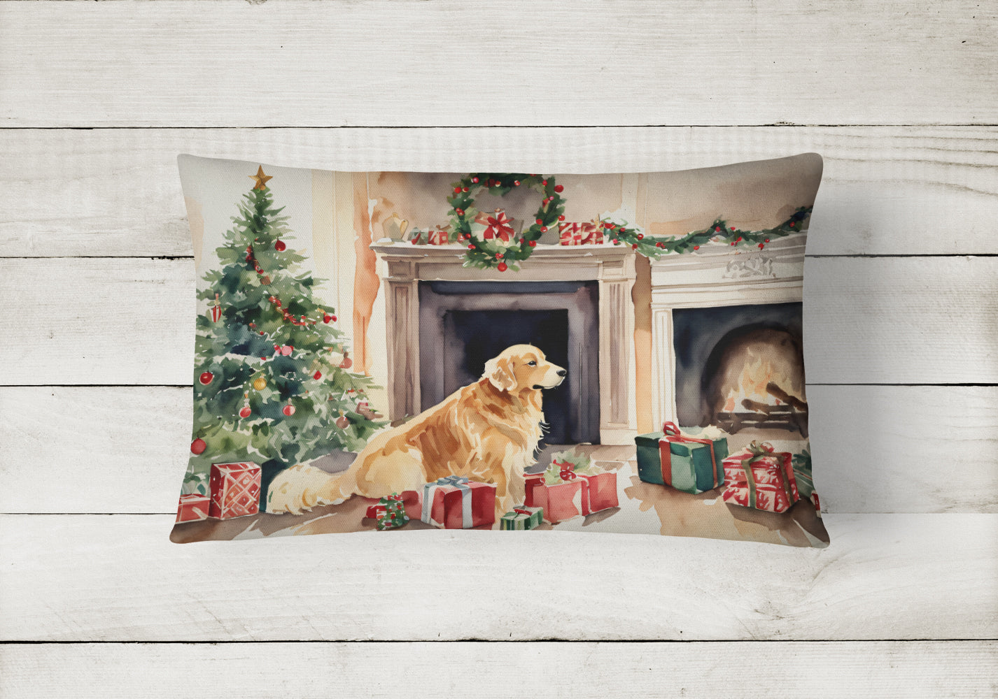 Golden Retriever Christmas Decorative Throw Pillow 12x16 Indoor Outdoor Accent Cushion, Fabric Cover with Insert for Sofa, Bed, Porch & Living Room