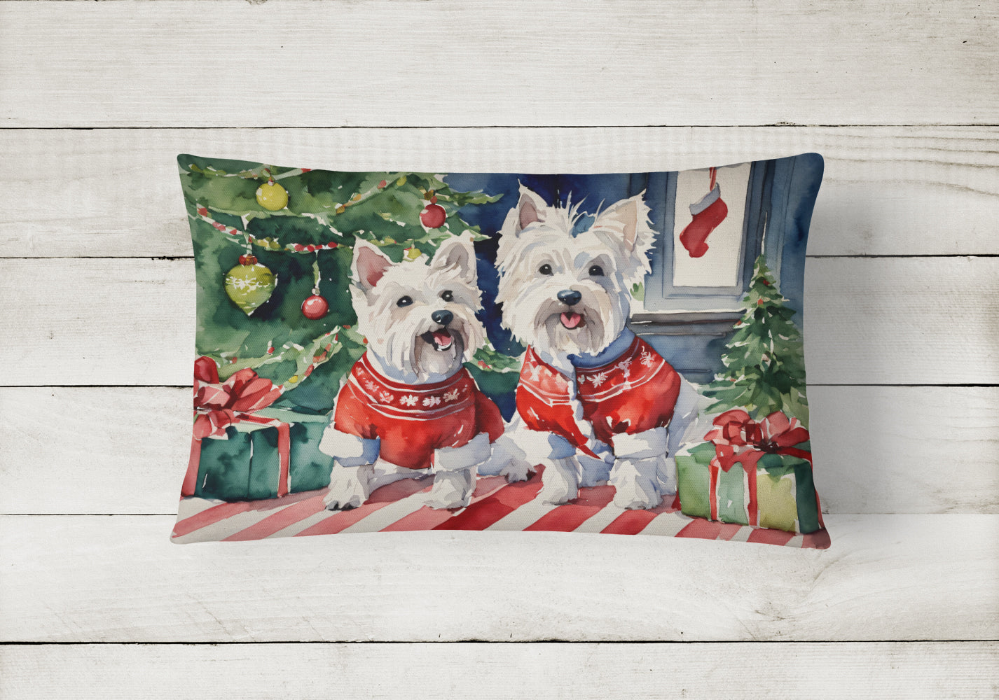 Westie Christmas Decorative Throw Pillow 12x16 Indoor Outdoor Accent Cushion, Fabric Cover with Insert for Sofa, Bed, Porch & Living Room
