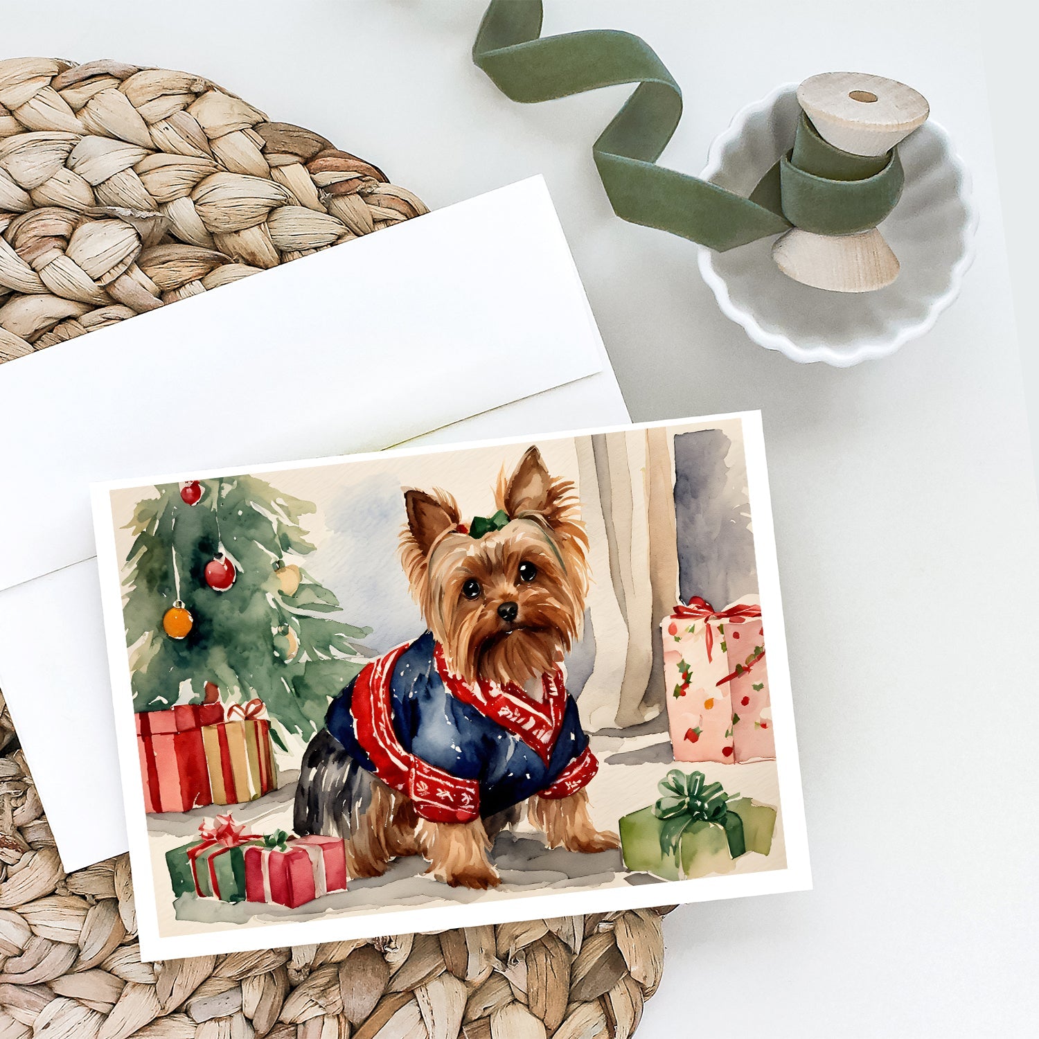 Yorkie Christmas Greeting Cards Pack of 8 Blank Cards with Envelopes Whimsical A7 Size 5x7