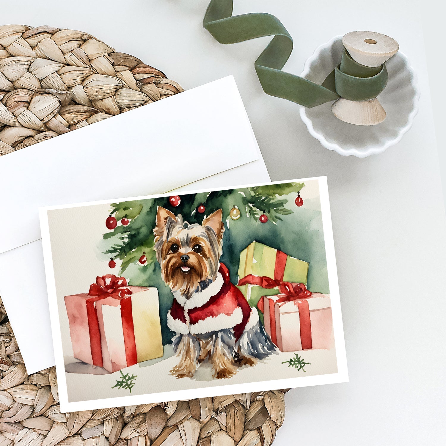 Yorkie Christmas Greeting Cards Pack of 8 Blank Cards with Envelopes Whimsical A7 Size 5x7