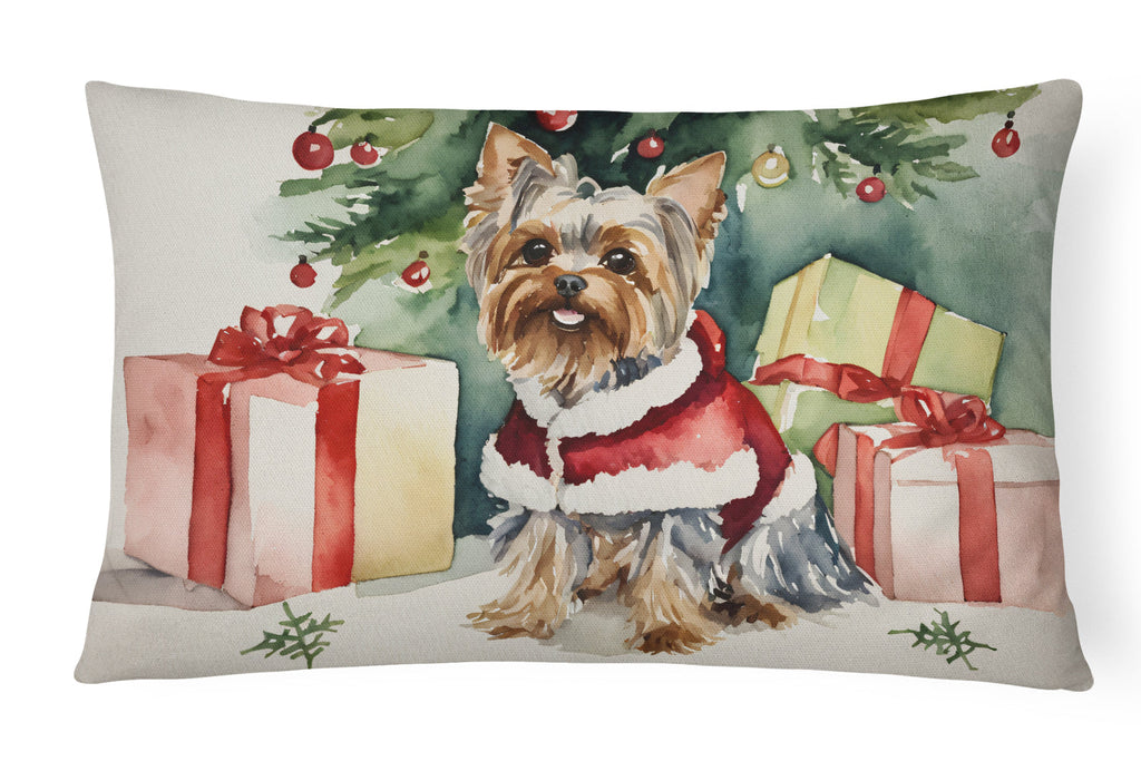 Yorkie Christmas Decorative Throw Pillow 12x16 Indoor Outdoor Accent Cushion, Fabric Cover with Insert for Sofa, Bed, Porch & Living Room