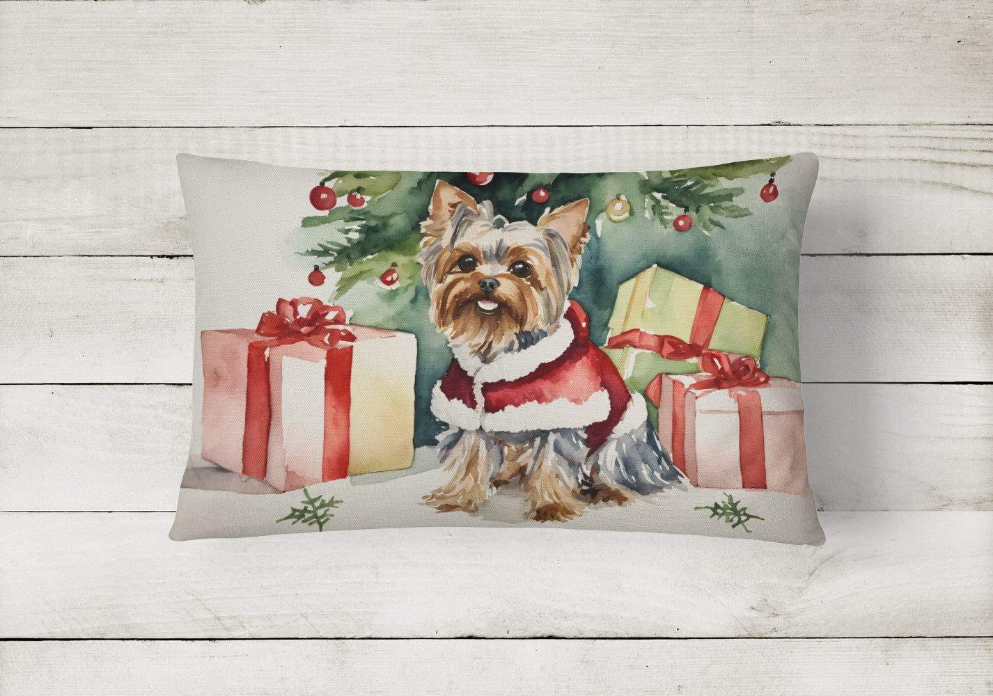 Yorkie Christmas Decorative Throw Pillow 12x16 Indoor Outdoor Accent Cushion, Fabric Cover with Insert for Sofa, Bed, Porch & Living Room
