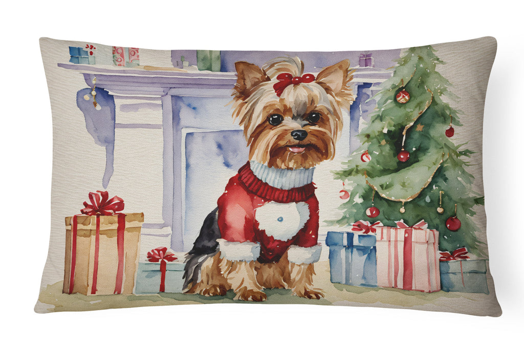 Yorkie Christmas Decorative Throw Pillow 12x16 Indoor Outdoor Accent Cushion, Fabric Cover with Insert for Sofa, Bed, Porch & Living Room