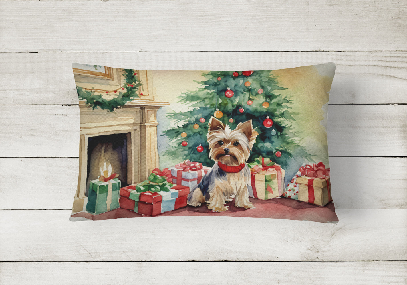 Yorkie Christmas Decorative Throw Pillow 12x16 Indoor Outdoor Accent Cushion, Fabric Cover with Insert for Sofa, Bed, Porch & Living Room