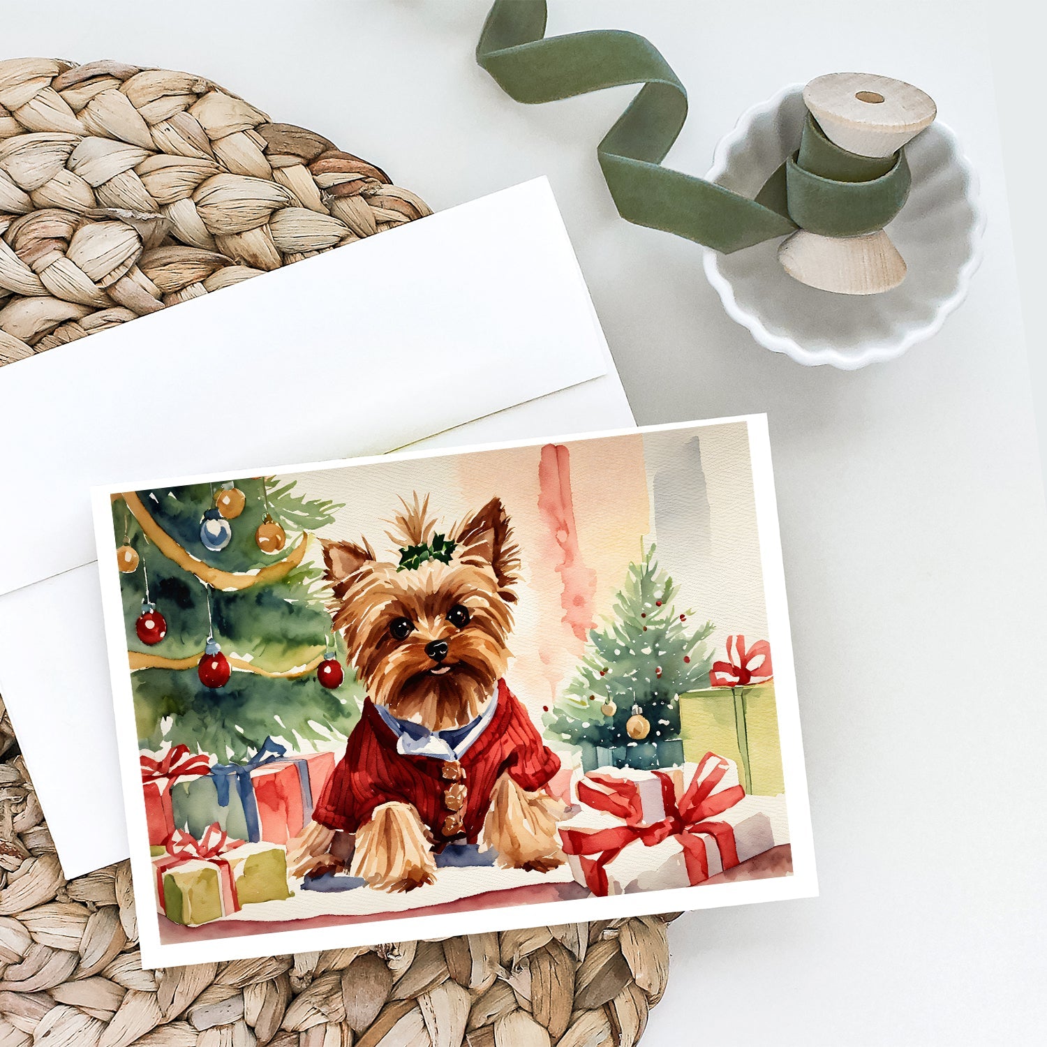 Yorkie Christmas Greeting Cards Pack of 8 Blank Cards with Envelopes Whimsical A7 Size 5x7