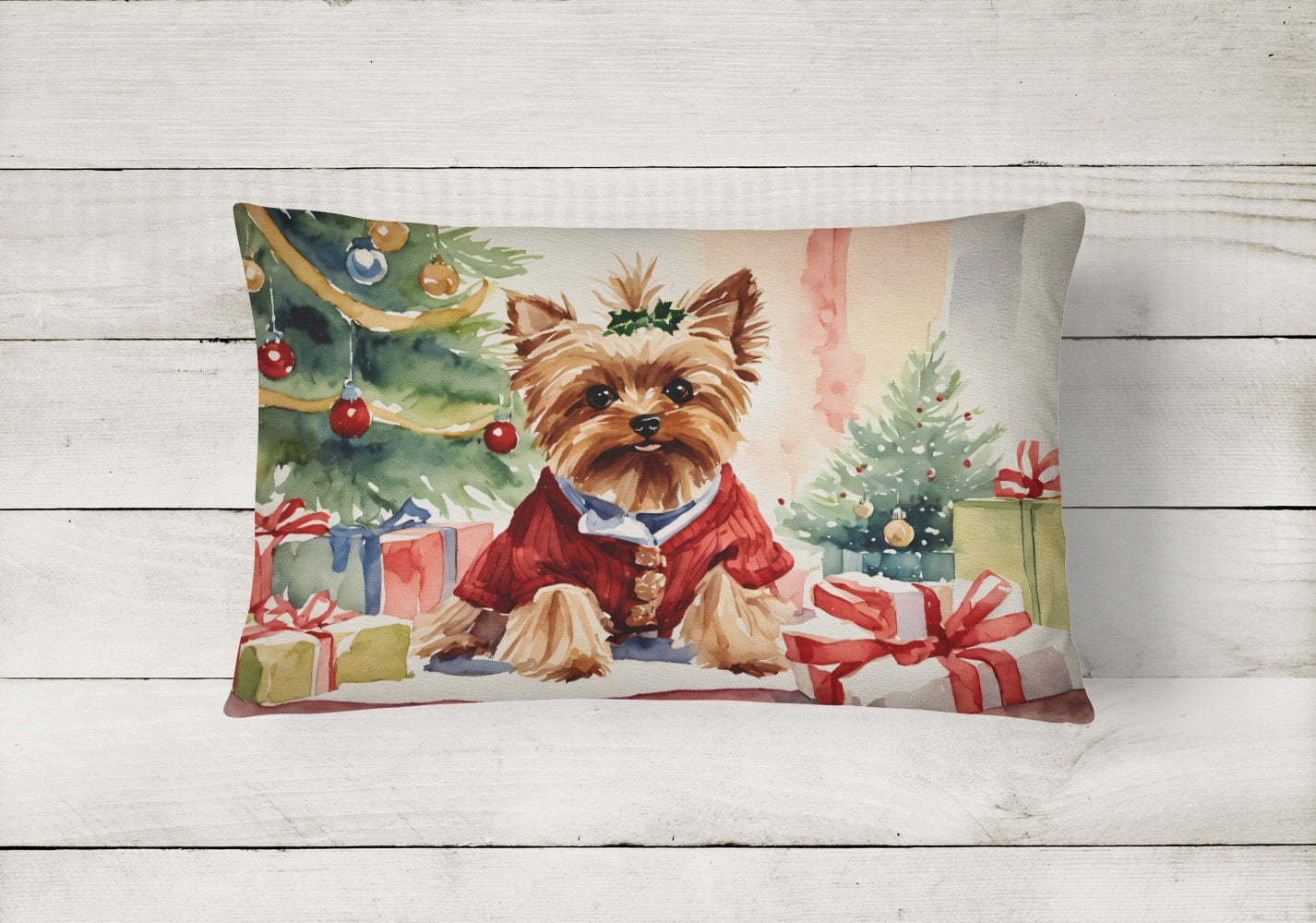 Yorkie Christmas Decorative Throw Pillow 12x16 Indoor Outdoor Accent Cushion, Fabric Cover with Insert for Sofa, Bed, Porch & Living Room