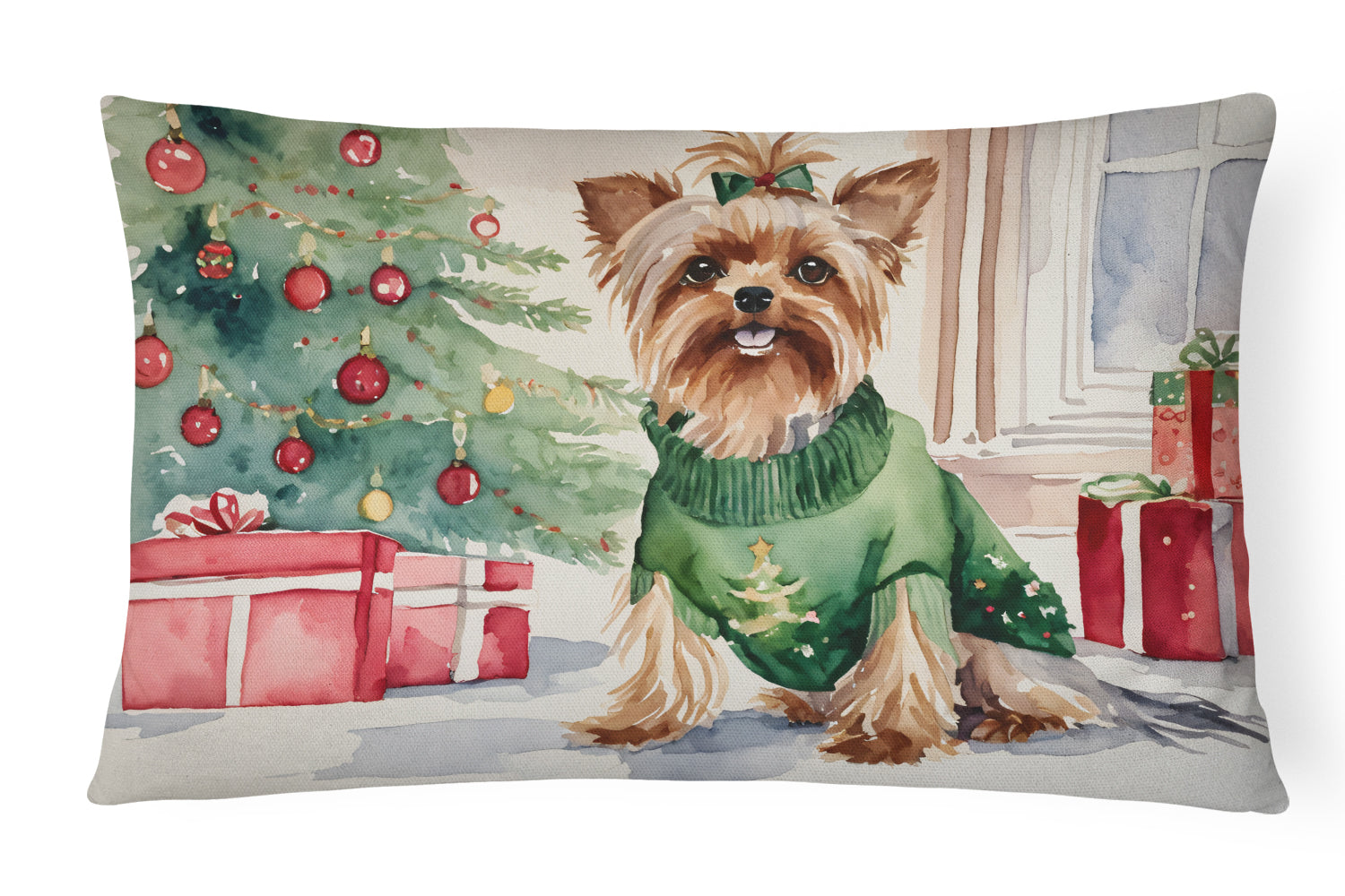 Yorkie Christmas Decorative Throw Pillow 12x16 Indoor Outdoor Accent Cushion, Fabric Cover with Insert for Sofa, Bed, Porch & Living Room