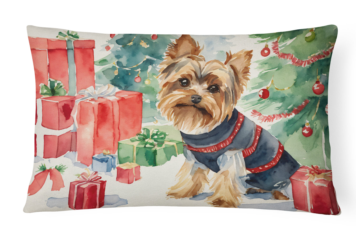 Yorkie Christmas Decorative Throw Pillow 12x16 Indoor Outdoor Accent Cushion, Fabric Cover with Insert for Sofa, Bed, Porch & Living Room