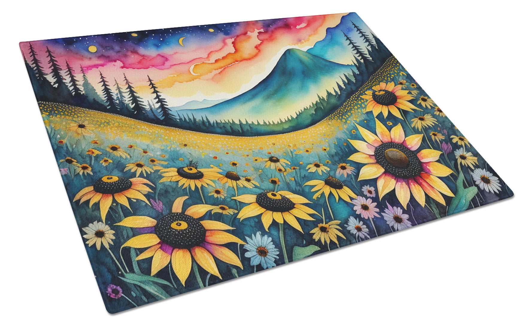 Black-eyed Susans in Color Cutting Board Tempered Glass Kitchen Cutting Surface, Heat Resistant Chopping, Non-Slip Feet, Food Prep & Serving