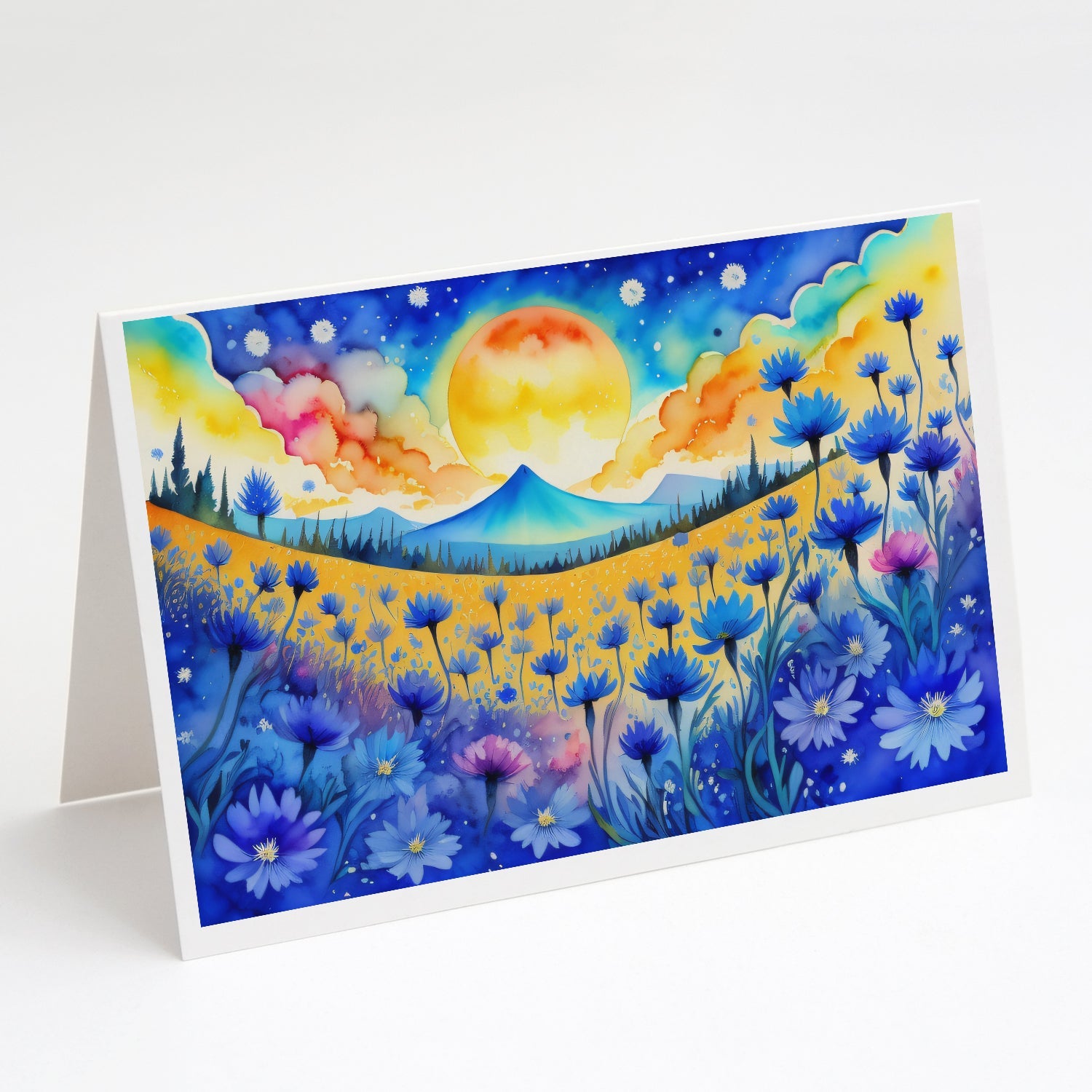 Blue Cornflowers in Color Greeting Cards Pack of 8 Blank Cards with Envelopes Whimsical A7 Size 5x7