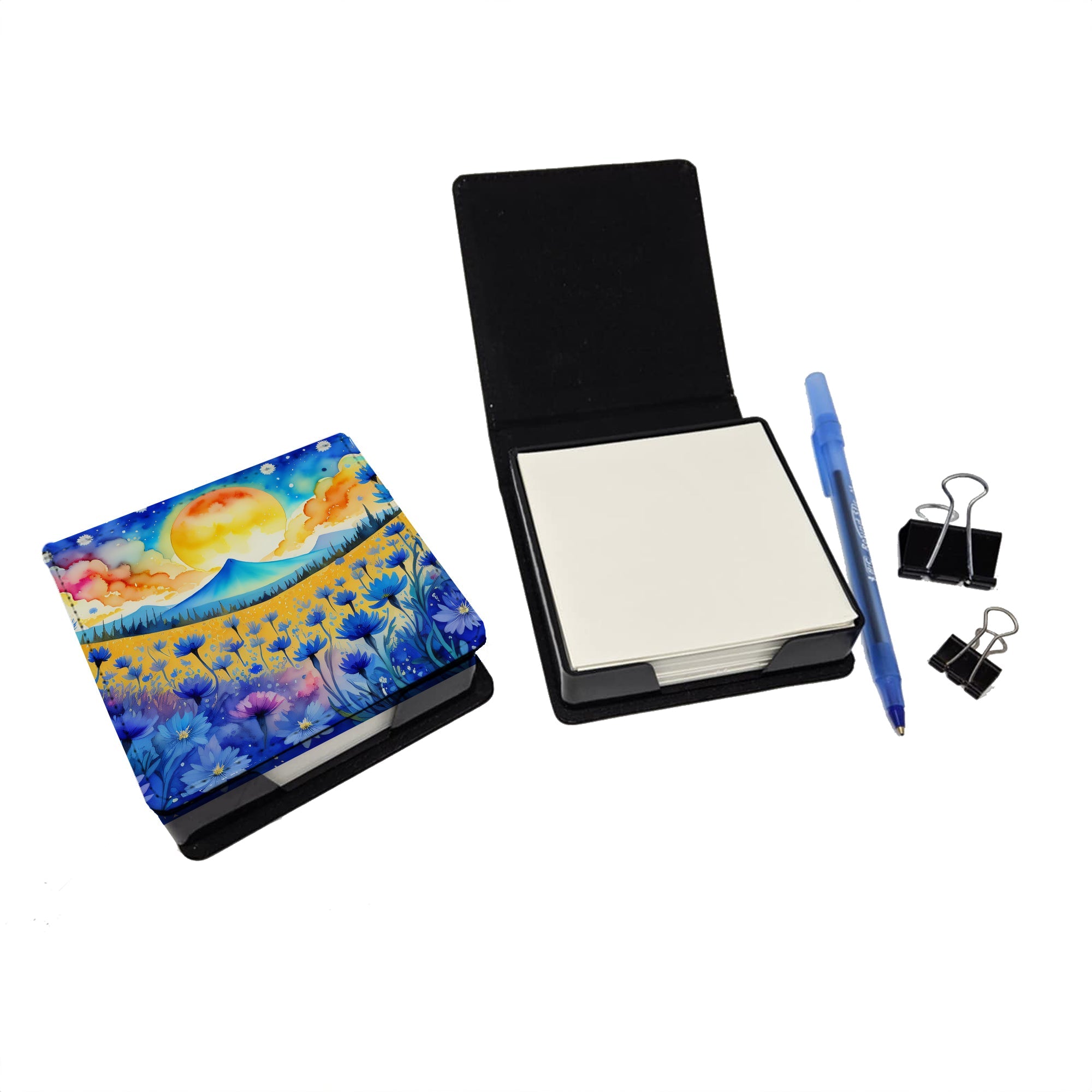 Blue Cornflowers in Color PU Leather Note Paper Holder with Artist-Designed Cover, Desk Accessory, Office Gift