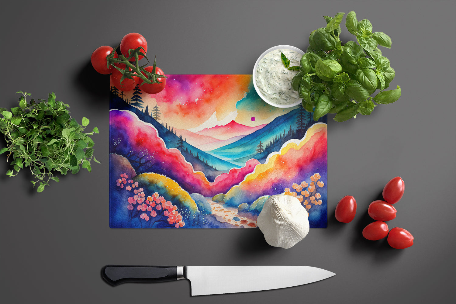 Brunia in Color Cutting Board Tempered Glass Kitchen Cutting Surface, Heat Resistant Chopping, Non-Slip Feet, Food Prep & Serving