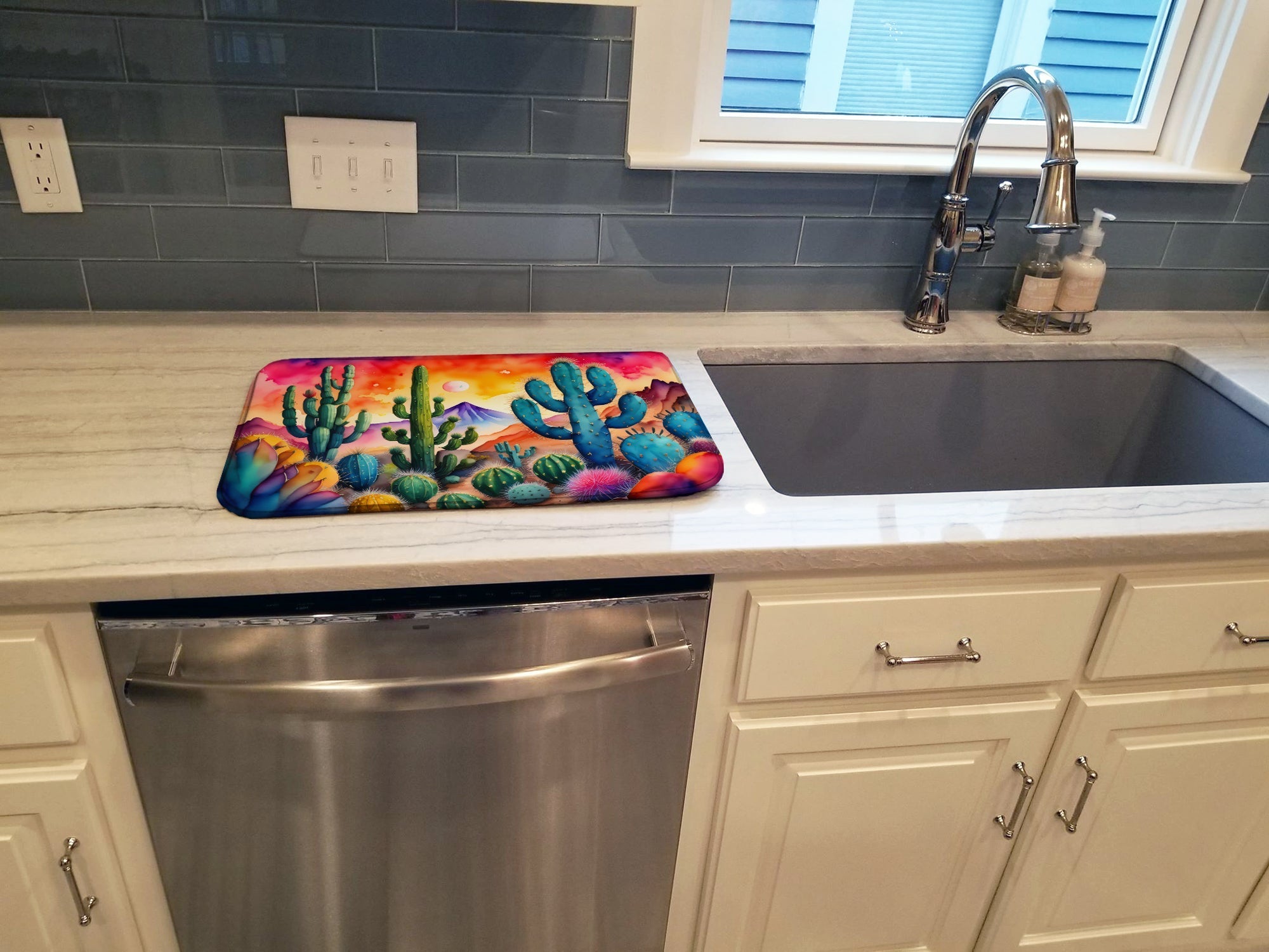 Cactus in Color Dish Drying Mat Absorbent Dish Drying Mat Pad for Kitchen Counter Dish Drainer Mat for Countertop, 14 x 21", Multicolor