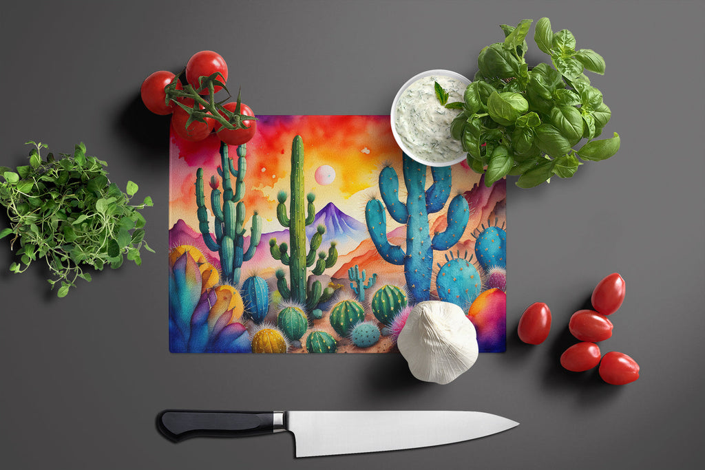 Cactus in Color Cutting Board Tempered Glass Kitchen Cutting Surface, Heat Resistant Chopping, Non-Slip Feet, Food Prep & Serving
